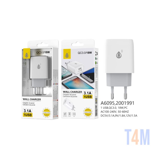 ONEPLUS ADAPTER CHARGER A6095 BL WITHOUT CABLE 1USB PORTS QC3.0 3.1A MAX WHITE
